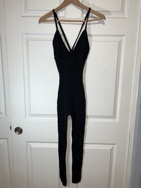 Black Ribbed Strappy Jumpsuit